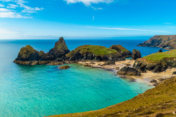 Kynance Cove, England, 25 June 2022 : amazing crystal clear water of Kynance Cove beach in Cornwall