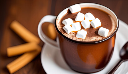 professional food photography close up of a cup of hot chocolate with marshmallows in it, on a wooden table  - AI Generated