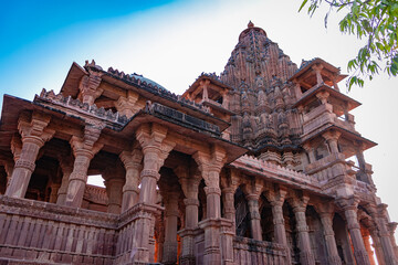 ancient hindu temple architecture with bright sky from unique angle at day