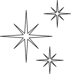 Black line sparkles symbol. Vector stars sparkle icon. Bright firework, decoration twinkle, shiny flash. Glowing light effect.