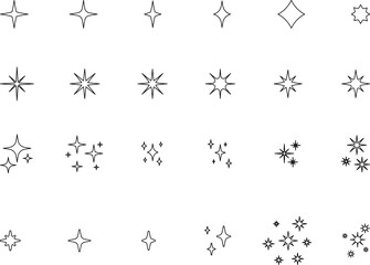Black line sparkles symbol. Vector stars sparkle icon. Bright firework, decoration twinkle, shiny flash. Glowing light effect.