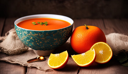 professional food photography close up of a a bowl of soup sitting on top of a wooden table - AI Generated