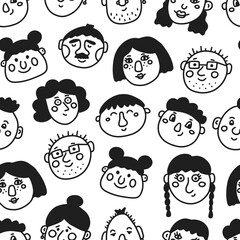 Set of characters faces in doodle style, vector seamless pattern on white background