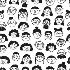 Set of characters faces in doodle style, vector seamless pattern on white background