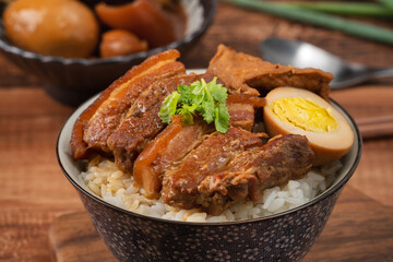 Braised pork belly over cooked rice, famous and delicious street food in Taiwan.