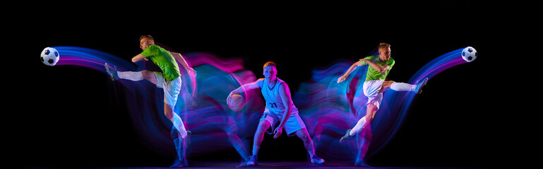 Collage. Sportive men, football and basketball athletes training, playing isolated over black...