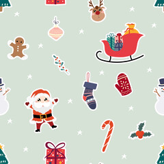 Seamless Christmas Pattern with Cute Flat Hand-drawn Items. Holliday Xmas and Happy New Year Elements. Decorative Background for Fabric, Wrapping Paper, Card, Invitation, Wallpaper, Web Design.