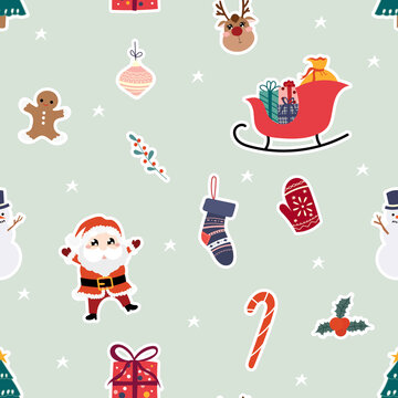 Seamless Christmas Pattern with Cute Flat Hand-drawn Items. Holliday Xmas and Happy New Year Elements. Decorative Background for Fabric, Wrapping Paper, Card, Invitation, Wallpaper, Web Design.