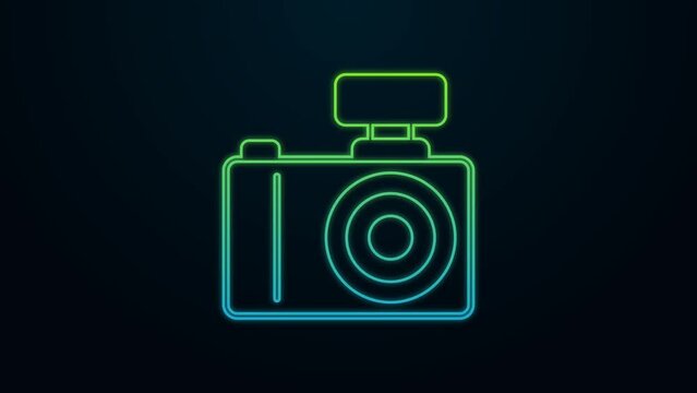 Glowing neon line Photo camera icon isolated on black background. Foto camera. Digital photography. 4K Video motion graphic animation