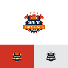 Logo Emblem American Football Striped Badge with Ball and Stars Blue Red Orange