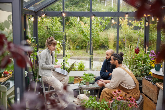 Smiling friends talking in greenhouse