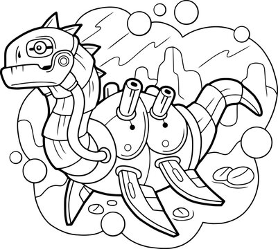 cartoon robot dinosaur plesiosaur, coloring book, outline illustration