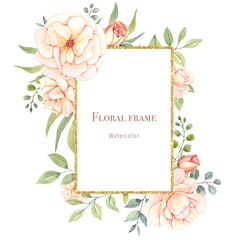 Floral frame with delicate blush roses on a white background