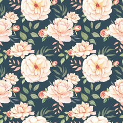 Floral seamless pattern with delicate blush roses on a dark background
