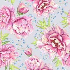 Floral pattern with pink peonies and leaves, watercolor