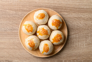 Chinese pastry moon cake, Traditional dessert celebrating in Chinese festival mid autumn or new year, Table top view