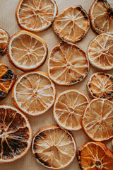Dried orange, lemon, and tangerine slices. Candied citrus fruit food background. Top view with copy space for text. Flat lay. Concept of holiday homemade craft and presents, zero waste, natural decor.