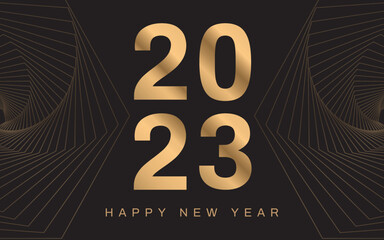 Happy New Year 2023. Golden line wave on black background. Luxury style. Vector illustration.