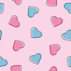 Pink and blue hearts with contours on a pink background seamless pattern