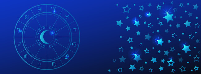 Astrology horoscope wheel background. Zodiac circle chart. Dark blue banner with stars for astrological forecast