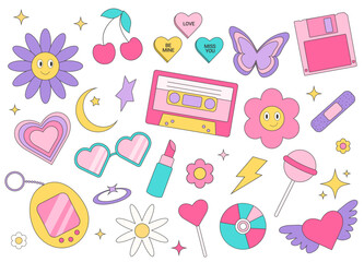 Trendy y2k set in line art style, great design for any purposes. Retro 90s, 00s aesthetic collection. Y2k aesthetic.