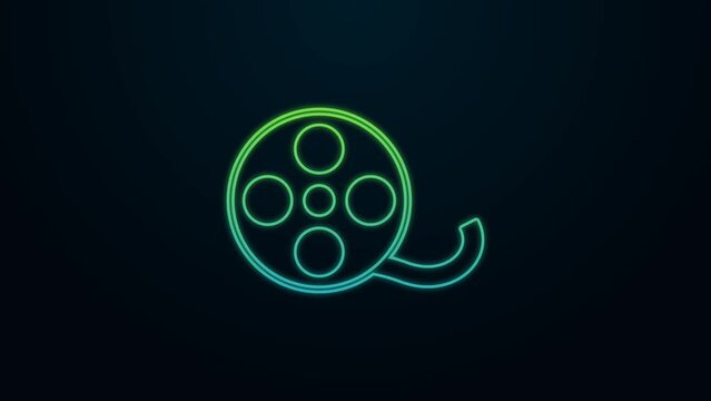 Glowing neon line Film reel icon isolated on black background. 4K Video motion graphic animation
