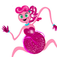 Funny pink mommy long legs toon character happily waving her hand