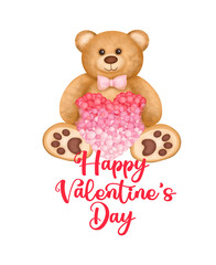 Greeting card template with cute Teddy Bear with pink heart to Valentine's Day, Happy Valentine's Day