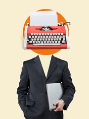 Business man in suit with typewriter on his head