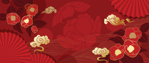 Oriental Japanese and Chinese luxury style pattern background vector. Decorative gold sakura flower and line art with chinese pattern red background. Design illustration for wallpaper, card, poster.