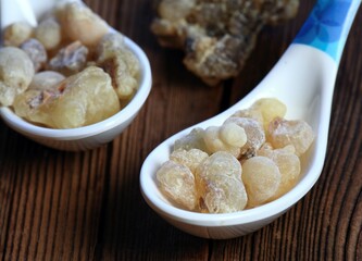 Aromatic resin  from Boswellia sacra tree in a spoon. High quality frankincense resin from Oman is used for used for religious rites, perfumes and healing effects.