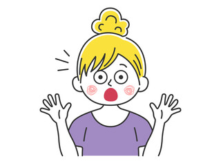 驚いてビックリする、髪を束ねた、白人女性のイラスト