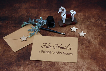 Tarjeta de Navidad: Carta con felicitación navideña Feliz Navidad y Próspero Año Nuevo.