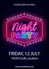 Night party neon vertical poster. Vintage frame with circle decoration. Glowing greeting card. Vector stock illustration