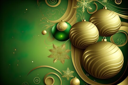 Christmas Tree With Decorations On A Green And Gold Holiday Backdrop. Generative AI