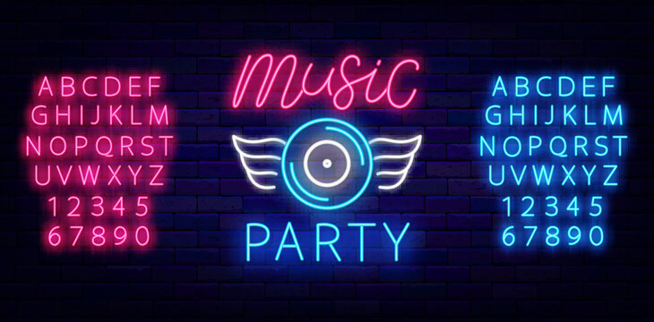 Music party neon emblem. Night club event. Disk with wings, Glowing blue and pink alphabet. Vector illustration