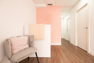 Fototapeta na wymiar Hallway of a beauty salon with booths to apply treatments and gray velvet armchair