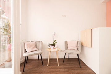 Reception desk of a beauty salon with cabins to apply treatments and a waiting room with gray velvet armchairs