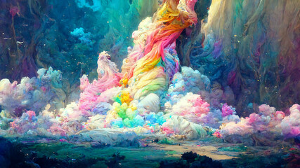 Obraz na płótnie Canvas Midjourney AI generated painting of photo of fantasy villaga under rainbow unicorn sky