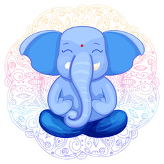 Ganesha god cute character lotus pose, meditation in cartoon style with mandala background. Idol, spiritual statue.