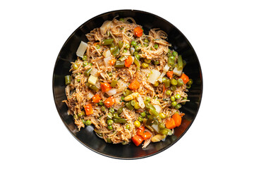 rice noodle vegetable mix green beans, carrots, bean, tonga beans, green peas veggie vegan food vegetarian asian food snack meal on the table copy space food background rustic top view