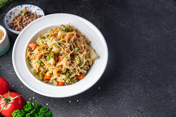 rice noodle vegetable mix green beans, carrots, bean, tonga beans, green peas veggie vegan food vegetarian asian food snack meal on the table copy space food background rustic top view