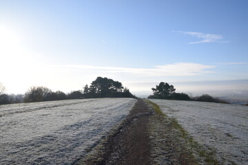 the clent hills covered in frost and ice at the start of a cold winter in the west midlands