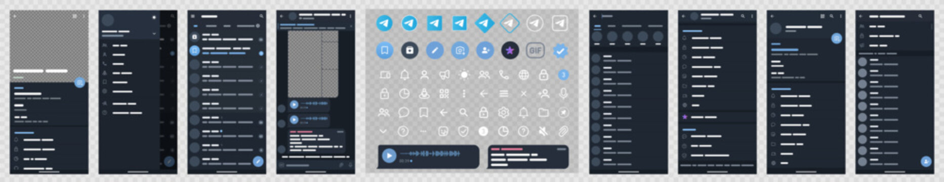 Telegram mockup. Set Telegram screen social media. Voice chat Telegram. Editorial vector.