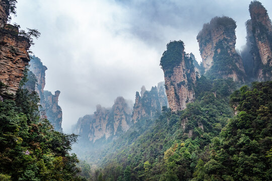 Misty steep mountain peaks in Zhangjiajie, China. Avatar floating mountains landscape
