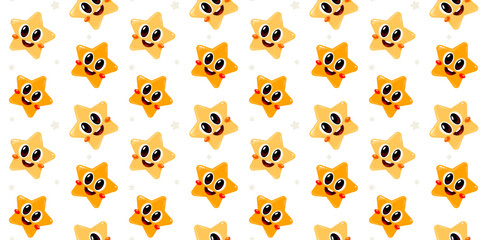 Vector child seamless pattern with smile yellow star on white color background. Flat style design of illustration with happy little star character