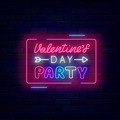 Valentines Day party neon sign. Simple frame. February season celebration. Night club event. Vector stock illustration