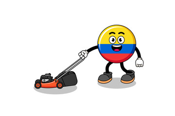 colombia flag illustration cartoon holding lawn mower