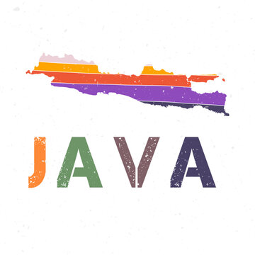 Java map design. Shape of the island with beautiful geometric waves and grunge texture. Vibrant vector illustration.