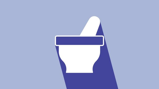 White Mortar and pestle icon isolated on purple background. 4K Video motion graphic animation